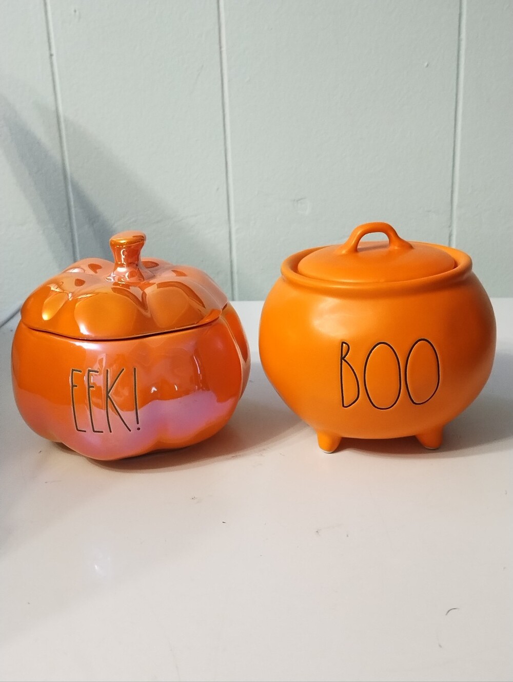 New Rae Dunn Halloween Pumpkin Caldron Canisters- Orange "EEK!" and "BOO"